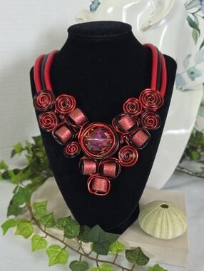 Artisan Wire Wrapped Statement Necklace Red & Black Bib | Bold Geometric Jewelry
